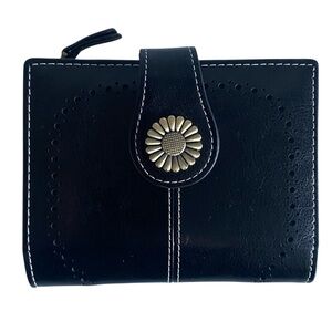 Black Faux Leather RFID Wallet w/ Zipper Coin Pocket & Daisy Snap